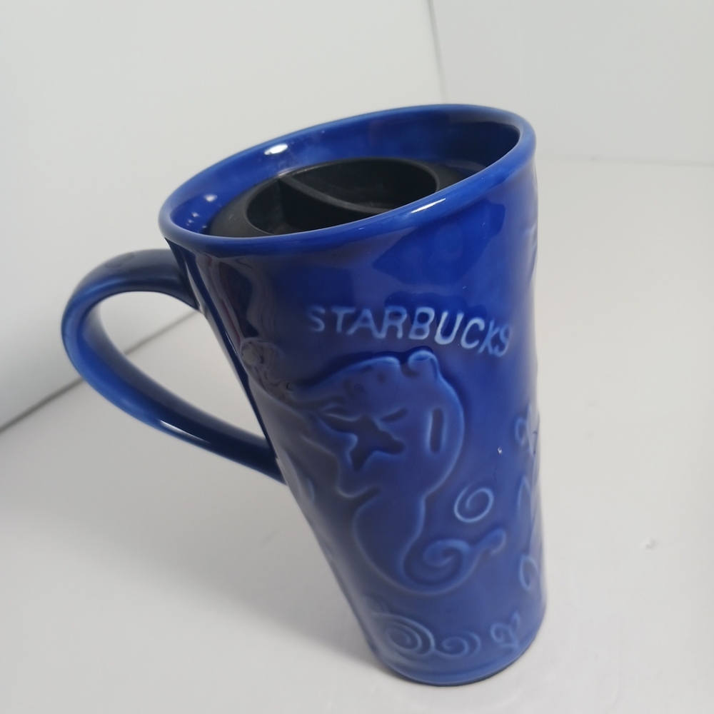 Starbucks Cobalt Blue Siren Mermaid Tall Ceramic Mug Coffee Tea Travel Lid 12oz